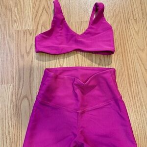 Vibrant Pink Ribbed Sports Bra and Shorts Set